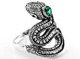 Pre-Owned White Cubic Zirconia And Emerald Simulant Rhodium Over Silver Snake Ring 3.16ctw
