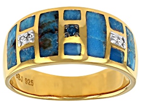 Pre-Owned Mens Turquoise With Diamond Accent 18k Yellow Gold Over Silver Inlay Ring