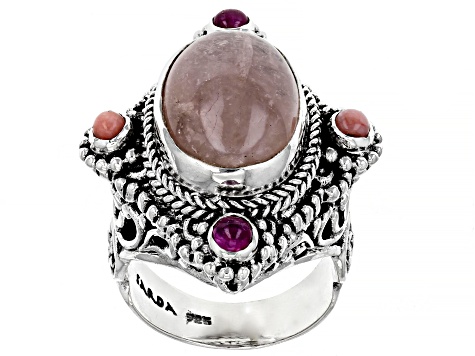 Pre-Owned Pink Morganite, Pink Opal, And Ruby Silver Ring