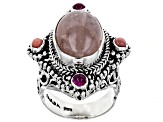 Pre-Owned Pink Morganite, Pink Opal, And Ruby Silver Ring