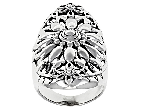 Pre-Owned Rhodium Over Sterling Silver Floral Design Dome Ring