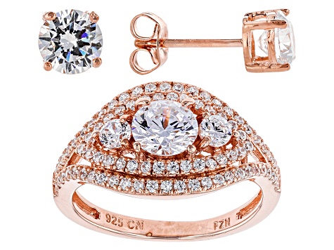 Pre-Owned White Cubic Zirconia 18k Rose Gold Over Sterling Silver Ring And Earrings 2.42ctw