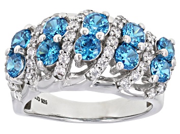Picture of Pre-Owned Blue And White Cubic Zirconia Rhodium Over Sterling Silver Ring 4.11ctw