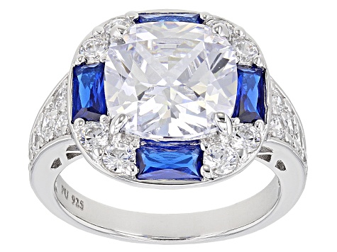 Pre-Owned Blue And White Cubic Zirconia Rhodium Over Sterling Silver Ring 10.93ctw.