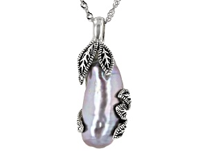 Pre-Owned Gray Cultured Freshwater Pearl 10x24.5mm Rhodium Over Sterling Silver Pendant With Chain