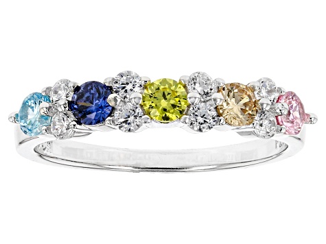 Pre-Owned Blue, Yellow, Brown, Pink, White Cubic Zirconia Rhodium Over Sterling Silver Ring 1.31ctw