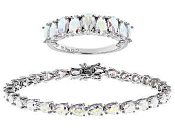 Picture of Pre-Owned Aurora Borealis Cubic Zirconia Rhodium Over Sterling Silver Ring And Bracelet Set 21.15ctw