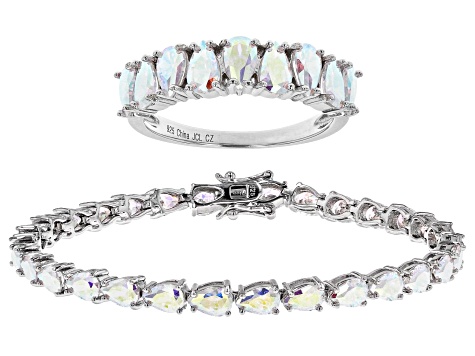 Pre-Owned Aurora Borealis Cubic Zirconia Rhodium Over Sterling Silver Ring And Bracelet Set 21.15ctw