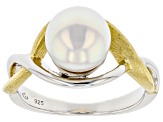 Pre-Owned White Cultured Japanese Akoya Pearl Rhodium & 18k Yellow Gold Over Sterling Silver Ring