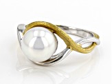 Pre-Owned White Cultured Japanese Akoya Pearl Rhodium & 18k Yellow Gold Over Sterling Silver Ring