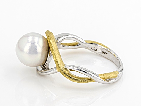 Pre-Owned White Cultured Japanese Akoya Pearl Rhodium & 18k Yellow Gold Over Sterling Silver Ring