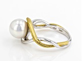 Pre-Owned White Cultured Japanese Akoya Pearl Rhodium & 18k Yellow Gold Over Sterling Silver Ring