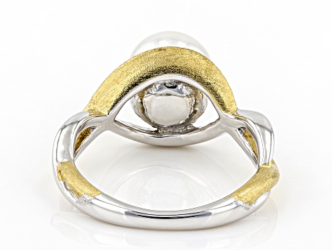 Pre-Owned White Cultured Japanese Akoya Pearl Rhodium & 18k Yellow Gold Over Sterling Silver Ring