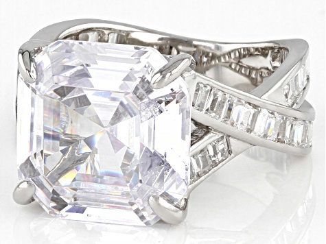 Pre-Owned White Cubic Zirconia Rhodium Over Sterling Silver Asscher Cut Ring 15.74ctw