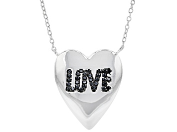 Picture of Pre-Owned Black Spinel Rhodium Over Silver Heart Shaped "Love" Necklace 0.18ctw