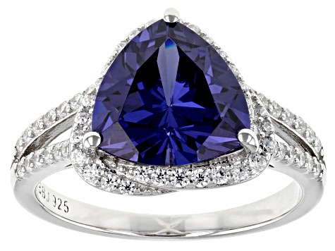 Pre-Owned Blue And White Cubic Zirconia Rhodium Over Sterling Silver Ring 6.65ctw