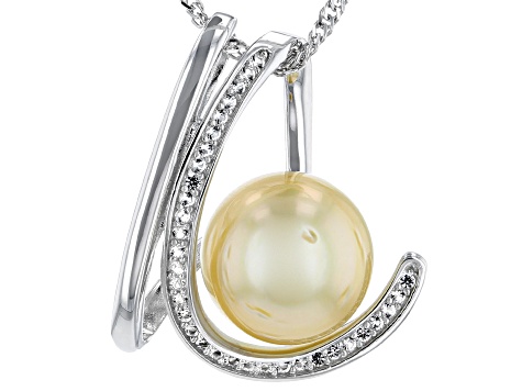 Pre-Owned Golden Cultured South Sea Pearl 11mm & Topaz 0.17ctw Sterling Silver Pendant With 18 Inch