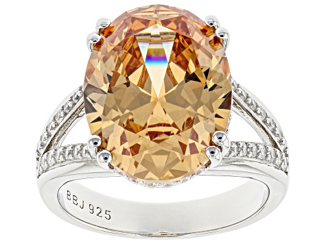 Pre-Owned Champagne And White Cubic Zirconia Rhodium Over Sterling Silver Ring 16.13ctw