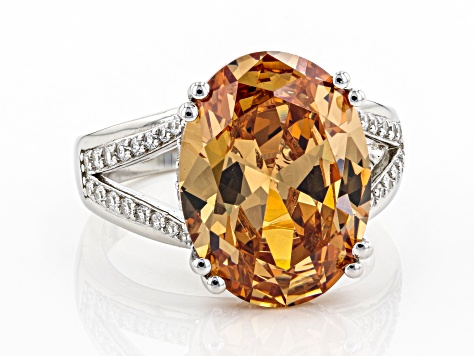 Pre-Owned Champagne And White Cubic Zirconia Rhodium Over Sterling Silver Ring 16.13ctw