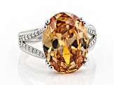 Pre-Owned Champagne And White Cubic Zirconia Rhodium Over Sterling Silver Ring 16.13ctw