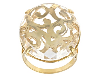Picture of Pre-Owned White Quartz 18K Yellow Gold Over Silver Scroll-work Ring
