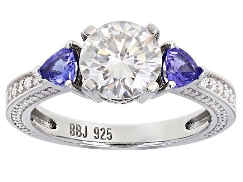 Pre-Owned Moissanite And Tanzanite Platineve Ring 1.62ctw Dew