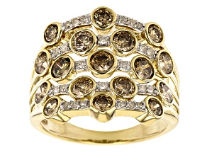 Pre-Owned Champagne And White Diamond 10k Yellow Gold Multi-Row Ring 2.10ctw