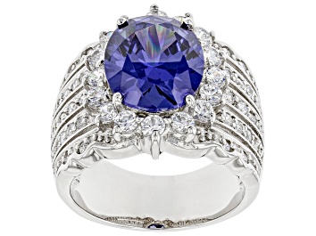 Picture of Pre-Owned Blue And White Cubic Zirconia Rhodium Over Sterling Silver Ring 9.99ctw