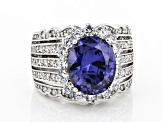 Pre-Owned Blue And White Cubic Zirconia Rhodium Over Sterling Silver Ring 9.99ctw
