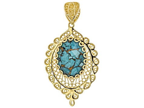 Pre-Owned Oval Turquoise Doublet 18K Yellow Gold Over Sterling Silver Enhancer