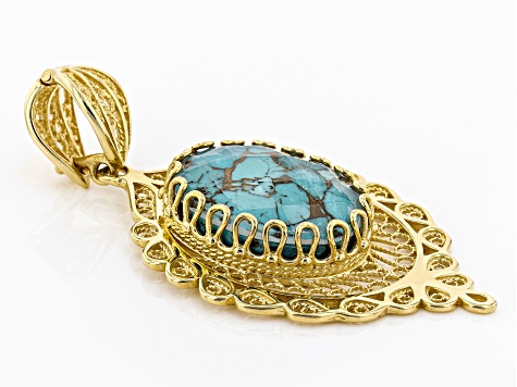Pre-Owned Oval Turquoise Doublet 18K Yellow Gold Over Sterling Silver Enhancer
