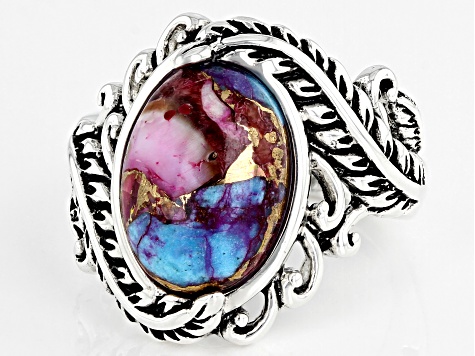 Pre-Owned Blended Turquoise and Purple Spiny Oyster Shell Rhodium Over Silver Ring