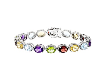 Picture of Pre-Owned Multi-Color Gemstone Rhodium Over Silver Tennis Bracelet 20.84ctw