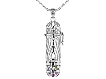 Picture of Pre-Owned Multi-Color Multi Gemstones Rhodium Over Silver Prayer Box Pendant With Chain 3.99ctw