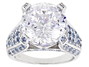 Pre-Owned White Cubic Zirconia and Blue Lab Created Spinel Rhodium Over Silver Ring