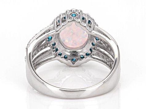 Pre-Owned Lab Created Opal And Blue And White Cubic Zirconia Rhodium Over Sterling Silver Ring 2.03c