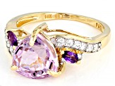 Pre-Owned Pink Kunzite, African Amethyst & White Diamond 14k Yellow Gold Center Design Ring 3.08ctw