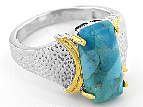 Pre-Owned Blue Turquoise Rhodium And 18k Yellow Gold Over Silver Ring