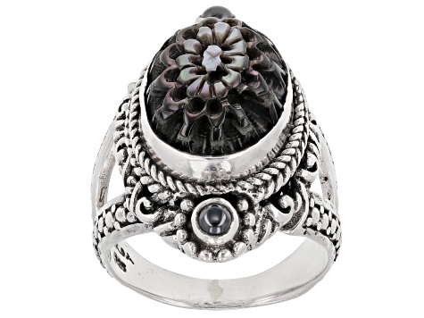 Pre-Owned Black Mother-Of-Pearl Dahlia Sterling Silver Ring