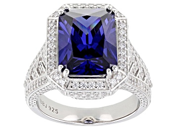 Picture of Pre-Owned Blue and White Cubic Zirconia Rhodium Over Silver Ring 12.88ctw