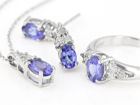Pre-Owned Tanzanite Rhodium Over Sterling Silver Pendant With Chain, Earring, And Ring Set 2.04ctw.