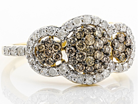Pre-Owned Champagne And White Diamond 10K Yellow Gold Cluster Ring 0.80ctw
