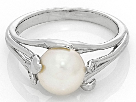 Pre-Owned White Cultured Freshwater Pearl & White Zircon Rhodium Over Sterling Silver Ring