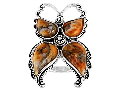 Pre-Owned Orange Spiny Oyster Shell Matrix Rhodium Over Silver Butterfly Ring