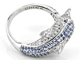 Pre-Owned Blue And White Cubic Zirconia Rhodium Over Sterling Silver Dolphin Ring 1.70ctw
