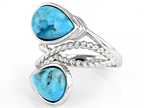 Pre-Owned Blue Turquoise Rhodium Over Sterling Silver Bypass Ring