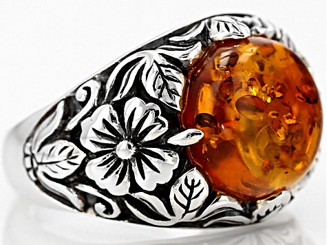 Pre-Owned Orange Amber Rhodium Over Sterling Silver Ring