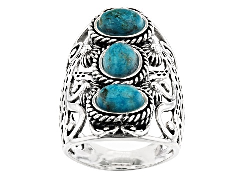 Pre-Owned Blue Turquoise Rhodium Over Sterling Silver 3-Stone Ring