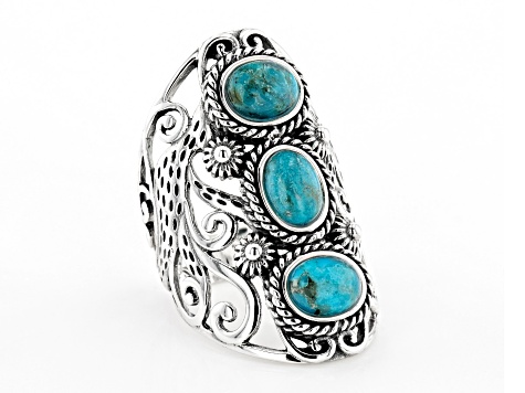 Pre-Owned Blue Turquoise Rhodium Over Sterling Silver 3-Stone Ring