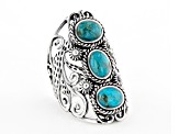 Pre-Owned Blue Turquoise Rhodium Over Sterling Silver 3-Stone Ring
